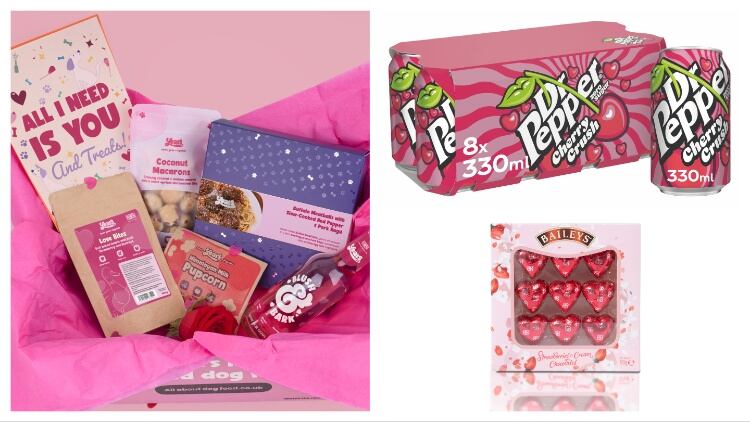 A selection of valentine's day launches, including a dog hamper, Dr Pepper Cherry Crush Zero Sugar, and Baileys Chocolate hearts.