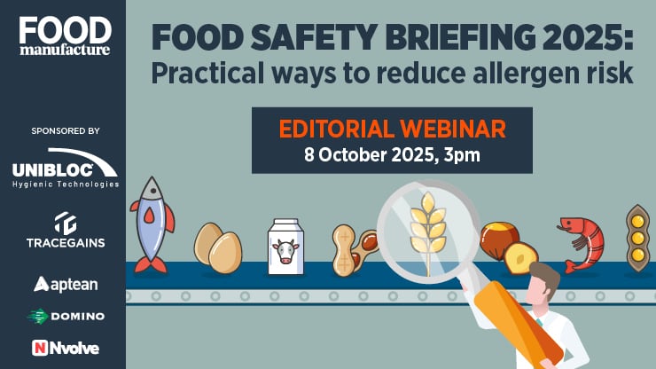 Food Manufacture's Food Safety Briefing 2025 editorial webinar, with a conveyor belt of allergens and a magnifying glass.