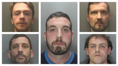 The jailed biscuit gang: Aaron Thomas (top left),  Kieron Price (centre), Paul Price (top right), Anthony Edgerton (bottom left) and Stephen Burrows 