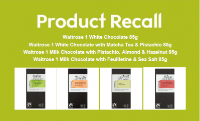 Waitrose has recalled four chocolate products, after a manufacturing error contaminated some of the bars with small pieces of plastic 