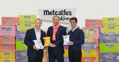 Kettle Foods md Ashley Hicks with Metcalfe’s Skinny co-owners Julian Metcalfe and Robert Jakobi 