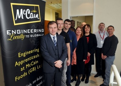 George Eustice (L) met apprentices and FDF officials during his visit to McCain's Peterborough factory yesterday
