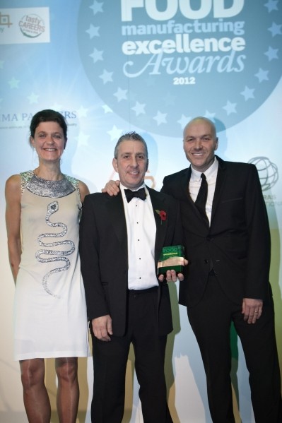 Young's chief operationg officer, Pete Ward receives the award from Air Products European manager Anne Callens and TV chef Simon Rimmer