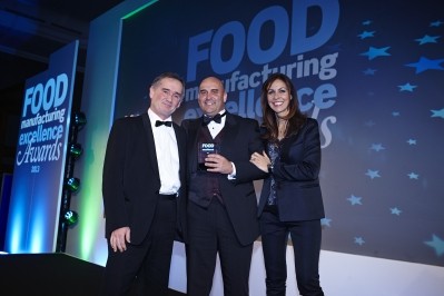 Richard Clothier (centre) collected two trophies at the food and drink manufacturing industry Oscars. Also pictured are Julia Bradbury, FMEA host, and Food Manufacture's Mike Stones 