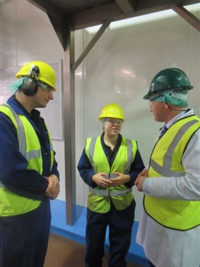 Food and farming minister George Eustice (R) visited McCain's Peterborough factory to meet the firm's apprentices