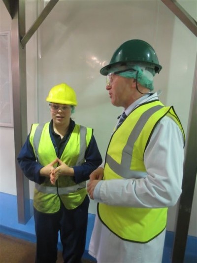 McCain's apprentice Charlotte Linford meets George Eustice, food and farming minister last week during his visit to McCains' Peterborough factory