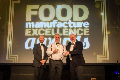 Biscotti triumph: Great British Biscotti Company ceo Paul Rostand (centre) collected the award from Mike Gallagher, sales director of manufacturing ERP solutions with category sponsor Sanderson. They were joined on stage by awards host Matt Dawson