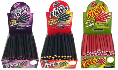 Liquorice Flyers are liquorice sticks hand-filled with crystallised sugar centres