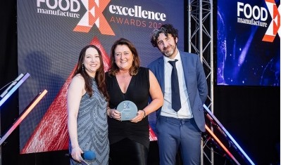 L-R: Food Manufacture editor Bethan Grylls with Fran Ball on stage at the 2024 Food Manufacture Excellence Awards