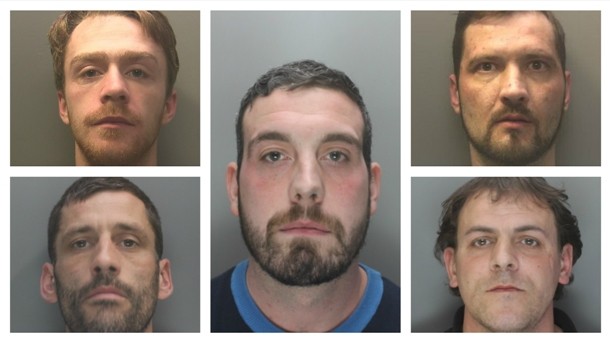 The jailed biscuit gang: Aaron Thomas (top left),  Kieron Price (centre), Paul Price (top right), Anthony Edgerton (bottom left) and Stephen Burrows 