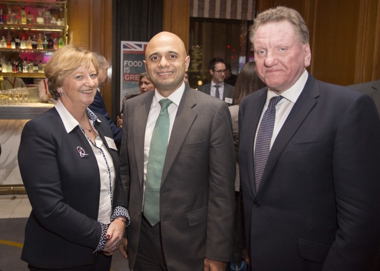 Sajid Javid (centre) with the FDF's president Fiona Kendrick and director Ian Wright 