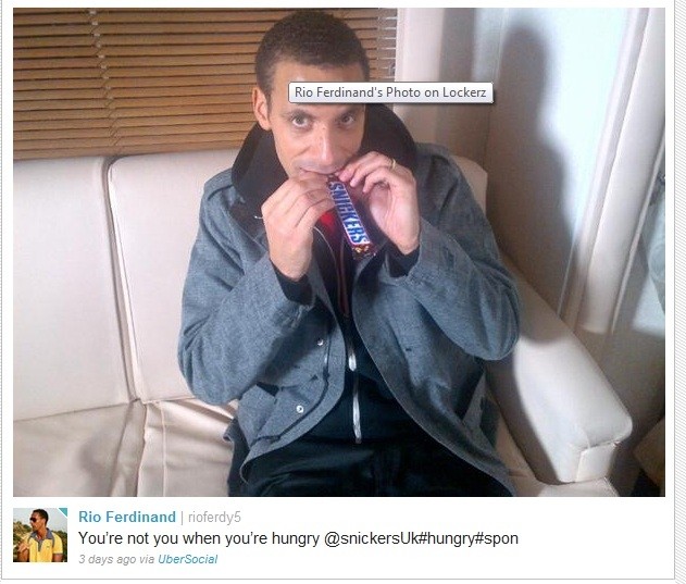 Premiership football star Rio Ferdinand write messages about the Snickers bar on his Twitter page
