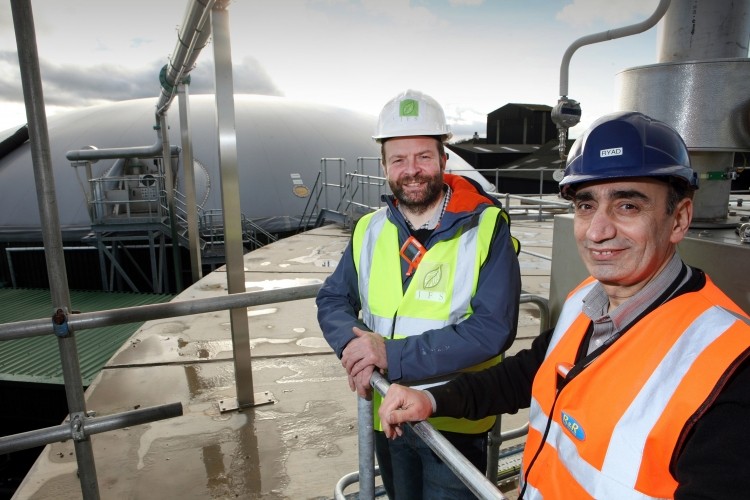 Digester Left to right: James Thompson – head of operations at Stokesley-based anaerobic digestion plant developer JFS Associates Ryad Apasa – head of operations at R&R Ice Cream’s Leeming Bar site.