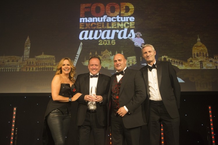 Wyke Farms md Richard Clothier (centre right) and colleague received the Environmental Oscar fro Carol Smillie and Jon Poole IFST ceo (right)