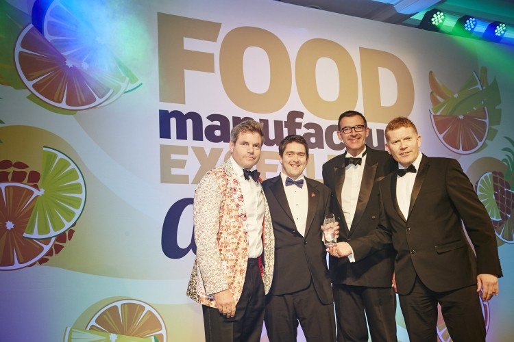 Top crust: Awards host Mark Durden-Smith (left) and Alcontrol Laboratories’ md Mike McCorkell (right) present Premier's Richard Martin and Phil Ellis with their Bakery Oscar