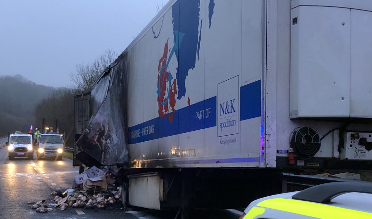 A lorry fire left 17t of gammon spread across the A30. Image courtesy of Alliance RPT (Twitter @RoadPolAlliance)