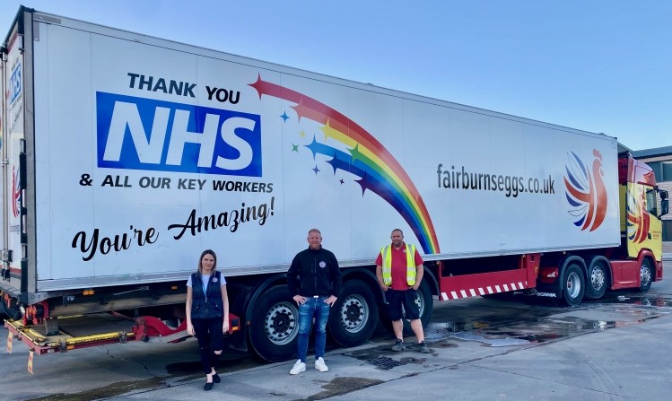 Eight Fairburn’s Eggs lorry trailers bear a 2.6m high rainbow thank you message to the NHS