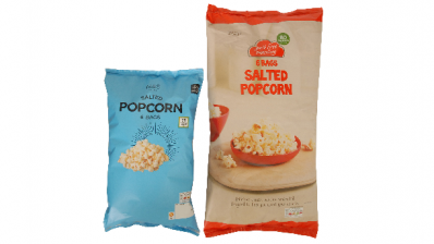Marks & Spencer’s new smaller packaging for its popcorn (left) compared to its previous packaging (right)