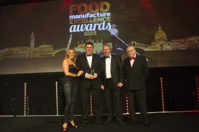 Mike Dalton (centre left), head of operations, and Stuart Driver (centre right), capital programme manager, received the trophy from host Carol Smillie and Waitrose food technologist and FMEA judge Jonathon Bayne