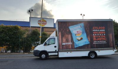 The mobile billboard outside of Walkers Leicester 
