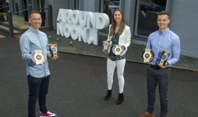 Around Noon has acquired Simply Fit. Pictured: Gareth Chambers, left, CEO of Around Noon, with Evelyn Garland and Luke Judge, co-founders of Simply Fit Food